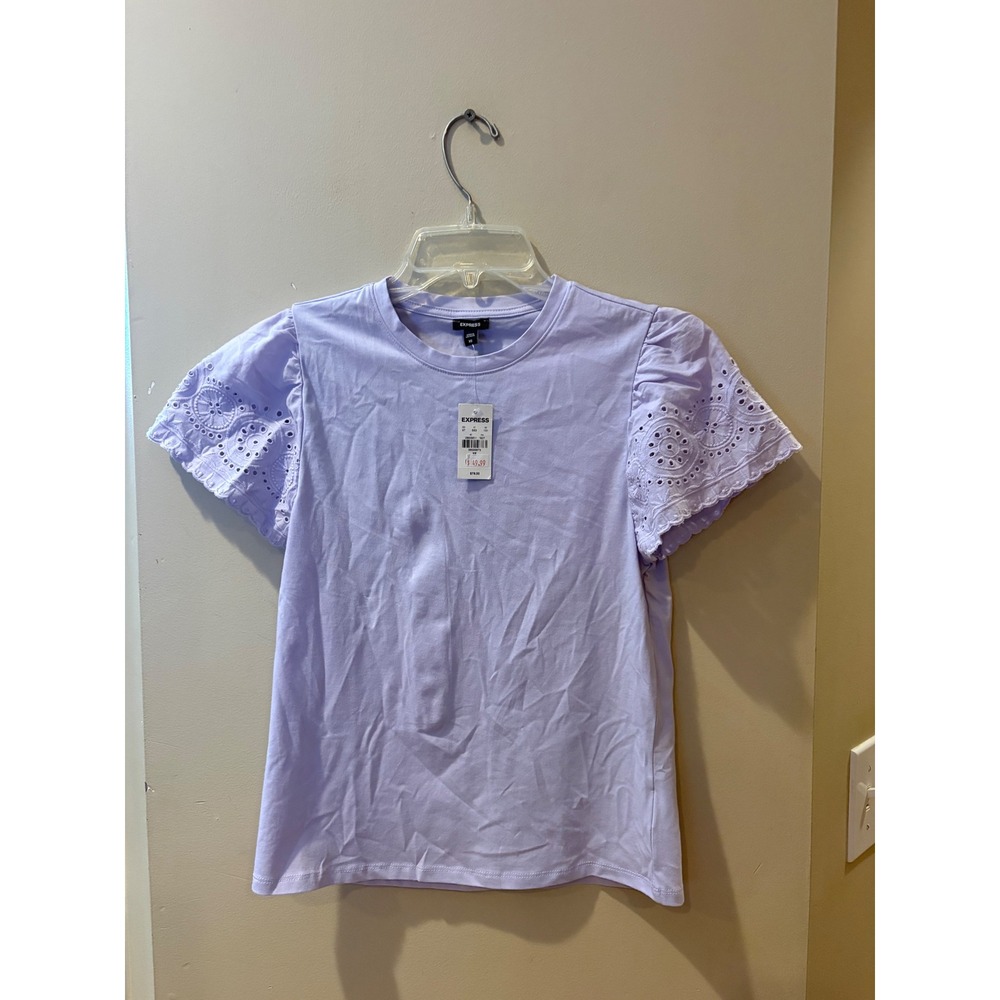 Express Lavender Purple Eyelet Puff Short Sleeve Crew Neck Tee Top XS NEW